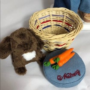 American Girl Doll Julie Albright pet bunny Nutmeg. Basket, carrots and pillow.